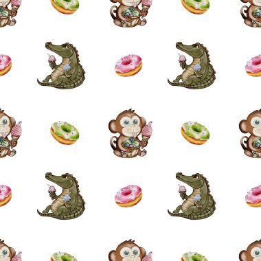 Timsah ve maymun dondurmaya ve donutlara bayılırlar Tekstil tasarımı için tuhaf bir suluboya deseni içinde.