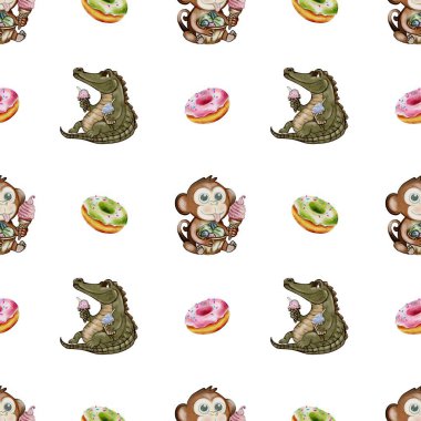 Dondurmalı bir timsah ve maymunun beyaz arka planda renkli çöreklerle eşleştirildiği tuhaf suluboya desenleri..