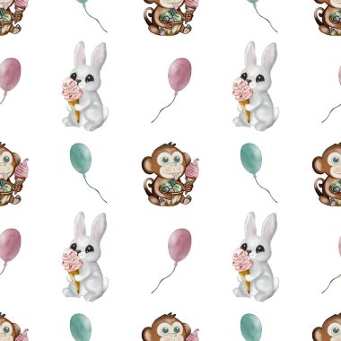 Bu tasarım, bir maymun ve bir tavşanın yumuşak renklerde balonlarla birlikte dondurmanın tadını çıkardıkları neşeli bir şablona sahiptir..