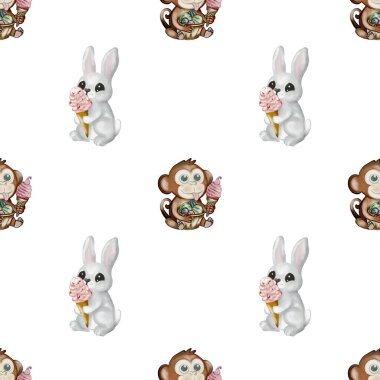 Kusursuz bir tasarım beyaz bir zemin üzerinde neşeyle dondurma tutan bir timsah ve maymunu içerir, tekstil kullanımı için mükemmeldir..