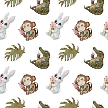 Oyuncak bir desen, bir timsah ve maymunun tatlı hayvanların yanında dondurma yemesini içerir. Kumaş ve duvar kağıtları için mükemmeldir..