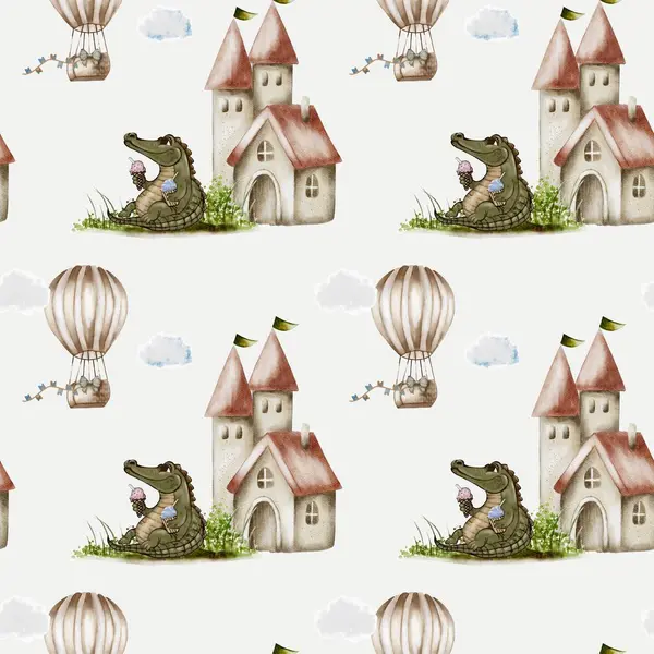 Kaprisli sahne, büyüleyici evlerin yanında dondurmalı bir timsah ve pürüzsüz bir desende sıcak hava balonları içeriyor..