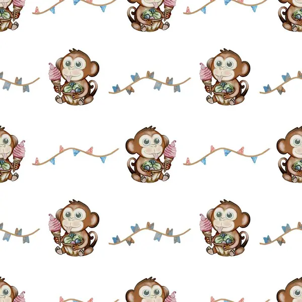 Timsah ve maymun dondurma külahlarını suluboya bir zemine karşı tutuyorlar. Tekstil desenleri için mükemmel..