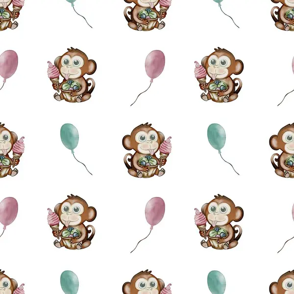 İllüzyonda balonlarla çevrili neşeli bir maymun ve neşeli desenli bir timsah dondurma tutuyor..