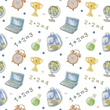 Okul malzemeleri sırt çantaları, saatler ve küreler de dahil olmak üzere eğitici ambalaj ve dekorasyon için mükemmel bir şablon oluşturur..