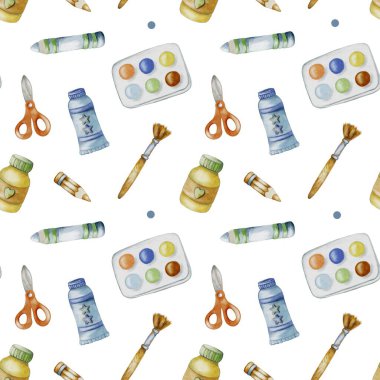 Boya, makas ve keçeli kalemler gibi çeşitli okul malzemelerini içeren kusursuz bir tasarım, eğitim ayarları için mükemmel..