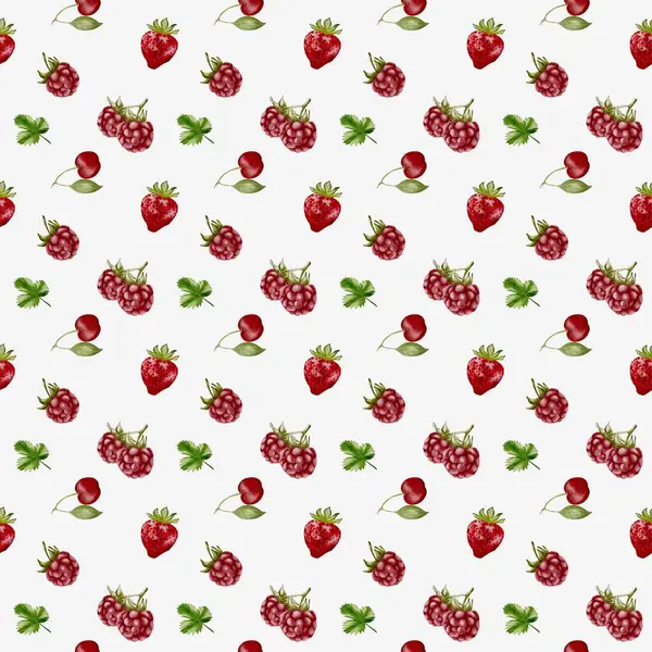 Beyaz arka planda çilek ve ahududu içeren canlı suluboya deseni, tekstil ve ambalaj için ideal..