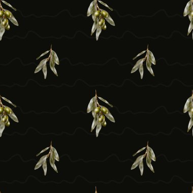 Bu suluboya desende zeytin dalları ve ince yapraklar var. Koyu bir zemin üzerinde, tekstil için ideal..