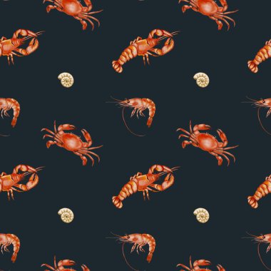 Parlak renkli karides ve yengeçler, tekstil kullanımı, ambalaj ve duvar kağıdı tasarımı için mükemmel, canlı ve pürüzsüz bir desen oluştururlar..