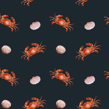 Zarif suluboya desenleri. Yengeç ve kabukları kusursuz dizayn edilmiş. Tekstil ve ambalaj kağıtları için mükemmel..