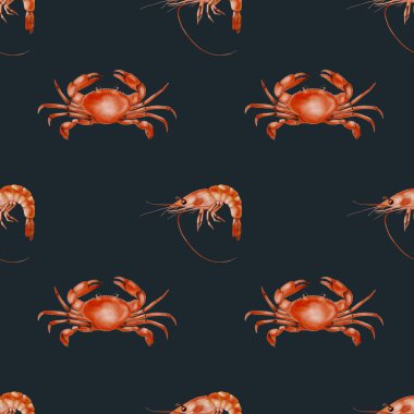 Canlı suluboya desenleri, perde arkasında yengeç ve karides sergiliyor. Kumaş ve duvar kağıdı tasarımları için mükemmel..