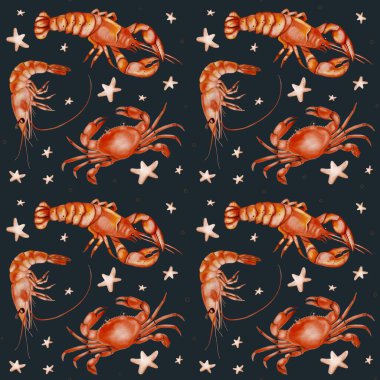 Tekrarlanan canlı tasarım vitrinleri ıstakozlar, karidesler ve yengeçler karanlık bir arka planda birbirine dolanmış, tekstil için mükemmel..
