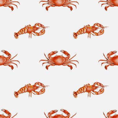 Bu kusursuz suluboya tasarımı beyaz arkaplan üzerinde çeşitli yengeçler barındırır, kumaş ve ambalaj kağıdı için mükemmeldir..