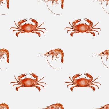 Beyaz arka planda yengeç ve karides içeren canlı bir suluboya tasarımı, tekstil ya da ambalaj uygulamaları için mükemmel..