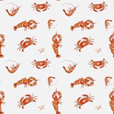 Bu pürüzsüz desen karides ve yengeçler de dahil olmak üzere çeşitli deniz ürünleri içerir. Tekstil ürünleri için beyaz bir zemin oluşturur..