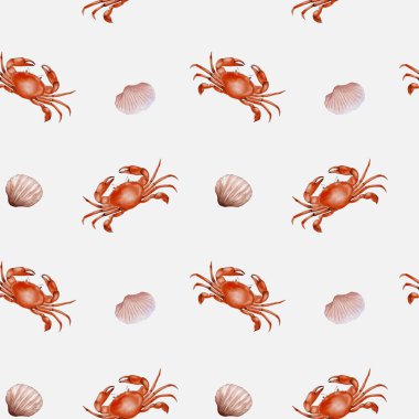 Kusursuz suluboya tasarımı, kumaş ve ambalaj kullanımı için ideal beyaz arkaplan üzerinde canlı yengeç ve kabuk içerir.