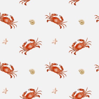 Renkli suluboya tasarımı yengeçleri, deniz yıldızlarını ve kabukları kumaş ve ambalaj kağıdı için ideal desenlerde sergiliyor..