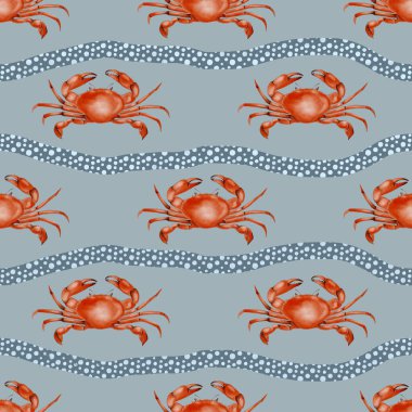 Gri arkaplanda kırmızı yengeçleri barındıran canlı suluboya deseni kumaş, ambalaj ve duvar kağıdı tasarımı için idealdir..