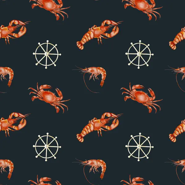 Derin bir arka planda karides ve yengeç tasarımları içeren canlı bir illüstrasyon, kumaş ve ambalaj amaçları için mükemmel.
