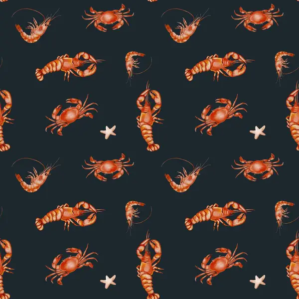 Bu pürüzsüz suluboya deseninde yengeçler, karidesler ve deniz yıldızları var. Kumaş projeleri için mükemmel..