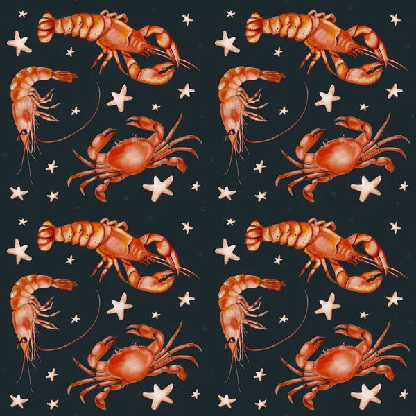 Tekrarlanan canlı tasarım vitrinleri ıstakozlar, karidesler ve yengeçler karanlık bir arka planda birbirine dolanmış, tekstil için mükemmel..