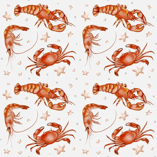 Canlı suluboya desenleri yengeçleri, karidesleri ve denizyıldızlarını tekstil ve ambalaj için uygun kusursuz bir dizaynda sergiliyor..