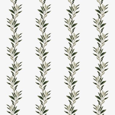 Bu karmaşık suluboya deseni, tekstil ve ambalaj için mükemmel, kusursuz dizayn edilmiş zeytin yapraklarını içerir..