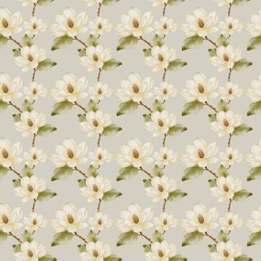 Yumuşak suluboya ile narin manolya çiçekleri kumaş, duvar kağıdı ve ambalaj için uygun kusursuz bir desen oluşturur..