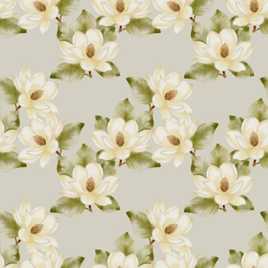 Yumuşak yeşillikli suluboya çiçekler ve kremsi beyazlar açık arkaplanda kusursuz bir tekstil deseni oluşturur..