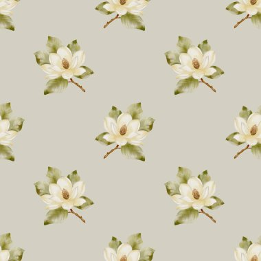 Suluboya desenleri zarif manolya çiçeklerini açık yeşil arkaplanda kusursuz bir şekilde sergiler, kumaş için idealdir.