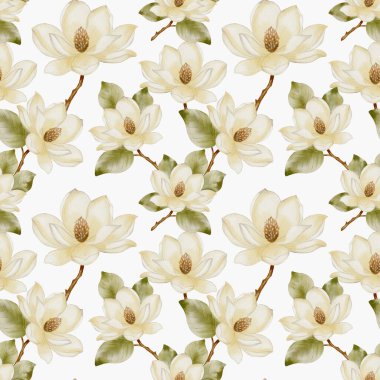 Bu güzel suluboya tasarımı manolya çiçeklerini yumuşak renklerde ve yaprakları pürüzsüz bir desen içinde barındırır..