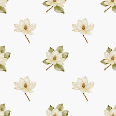 Parlak suluboya deseni, kumaş ve ambalaj uygulamaları için ideal beyaz arkaplan üzerinde manolya çiçekleri sergiliyor.