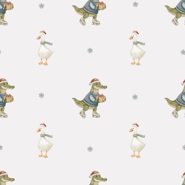 Hoş kış temalı desenler bir timsah ve bir kaz gösteriyor. Şenlikli ambalaj ve tekstil projeleri için mükemmel..