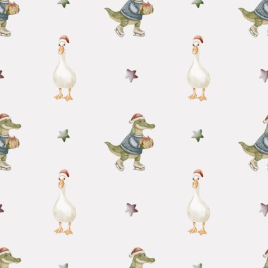 Bu tasarım, bir timsah ve bir kaz da dahil olmak üzere hayvanların kışın giydiği kıyafetlerle süslenmiş tuhaf bir tatil modelini sergiliyor..