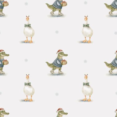 Bu pürüzsüz desen, bir timsah ve bir kaz da dahil olmak üzere tuhaf hayvanları gösteriyor, şen şakrak giyinmiş, tekstil için mükemmel..