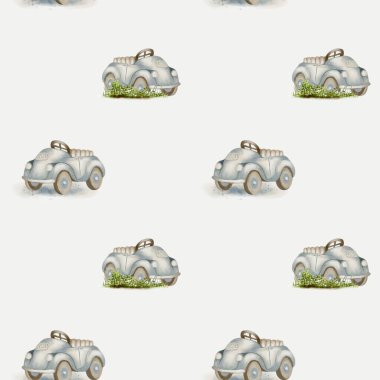 Bu pürüzsüz desen suluboya eski oyuncak arabaları içeriyor, tekstil uygulamaları için beyaz arkaplan üzerine kurulmuş..