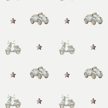 Hassas suluboya desenleri, tekstil ve ambalaj kağıdı tasarımları için ideal klasik araba ve yıldızları sergiliyor..