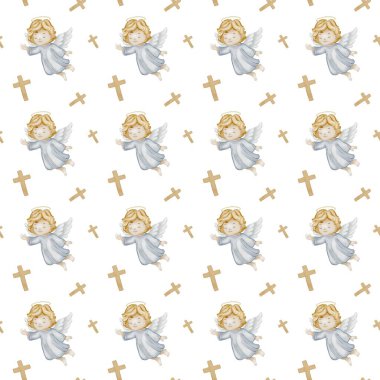 Suluboya desenleri sevimli melekler ve altın haçlar sergiliyor, kağıt ve kumaş tasarımları için ideal..