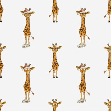 Tuhaf suluboya desenleri, temiz beyaz bir arkaplan karşısında duran neşeli zürafaları sergiliyor..