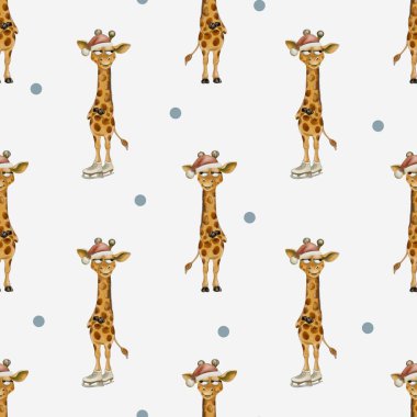 Şapka ve puantiyeli neşeli zürafalar içeren suluboya desenler kumaş ve ambalaj için mükemmel..