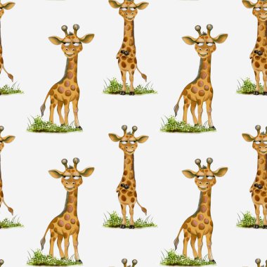 Bu hoş tekstil baskısı yeşil çimlerin üzerinde beyaz bir zemine karşı duran neşeli zürafaları sergiliyor. Paketlemek için mükemmel..