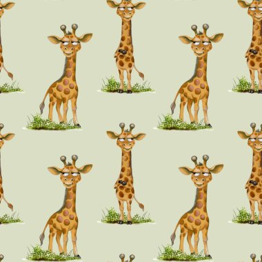 Sonsuz kusursuz tasarım yumuşak yeşil arka planda şakacı zürafalar içerir, tekstil ve paketleme uygulamaları için mükemmeldir..