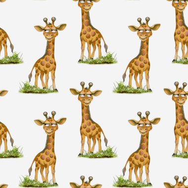 Bu hoş suluboya deseni, kumaş ve ambalaj kağıdı için mükemmel olan çimenlerin arasında dost zürafaları barındırıyor..