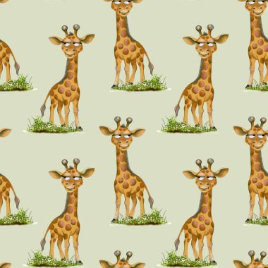 Kusursuz suluboya tasarımı yumuşak yeşil arka planda neşeli zürafalar içerir, tekstil ve ambalaj kağıtları için mükemmeldir..