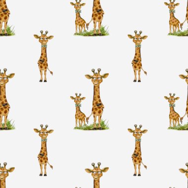 Bu büyüleyici tasarım, tekstil ve ambalaj için mükemmel olan sürekli tekrarlanan suluboya desenli zürafalar sergiliyor..