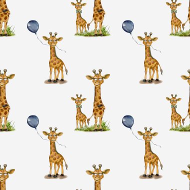 Beyaz arka planda yeşil çimlerle çevrili balon tutan büyüleyici, pürüzsüz desenli bir zürafa..