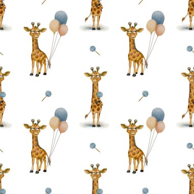 İçinde balon ve şeker tutan neşeli zürafaların olduğu tuhaf bir tasarım. Kumaş ve duvar kağıdı kullanımı için mükemmel..