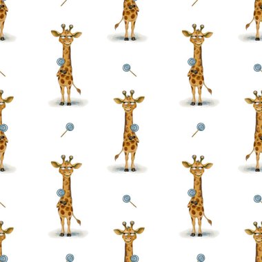 Bu canlı tasarım çeşitli kumaş uygulamaları için ideal renkli lolipopların yanında suluboya zürafaları da sergiliyor..