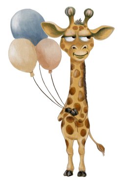 Mutlu bir zürafa gülümseyerek durur, yumuşak pastel renklerde üç balon tutar, neşe ve neşe saçar.