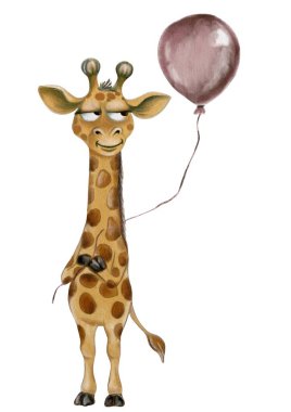 Neşeli bir zürafa, elinde bir balon, kumaş ve ambalaj için mükemmel bir suluboya tasarımı sergiliyor..